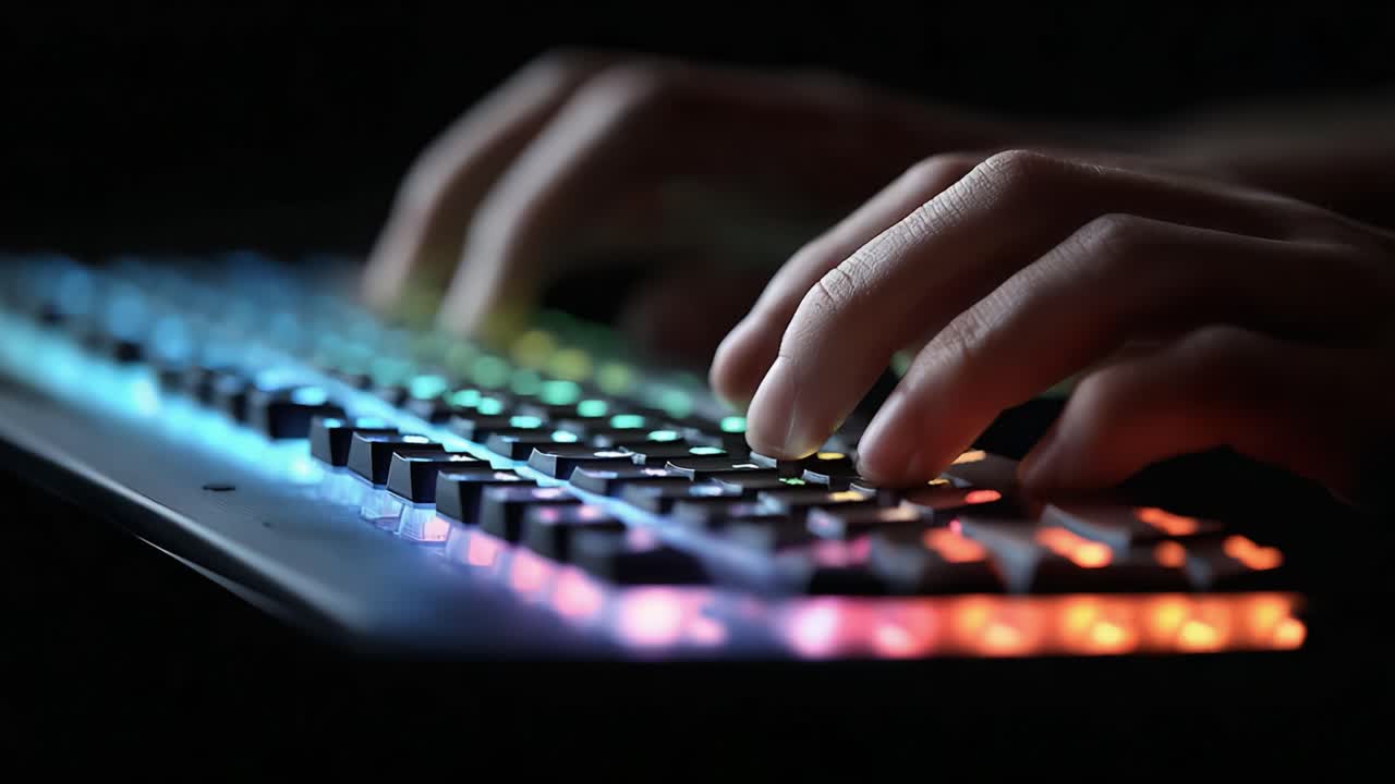 Close-up Keyboard yang Menyala: Fokus pada Tangan yang Mengetik dengan Pencahayaan yang Terang dalam Lingkungan Gelap yang Menangkap Esensi dari Kreativitas Digital dan Budaya Gaming