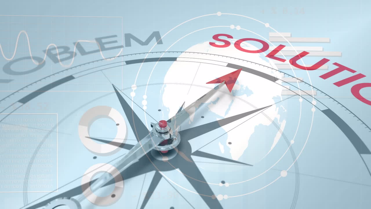 통계 및 데이터 처리의 애니메이션 및 움직이는 바늘을 가진 나침반 위의 지구