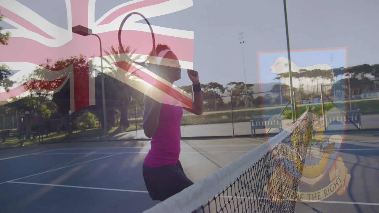 Celebrating on court, tennis player with flag and animation emblem overlay