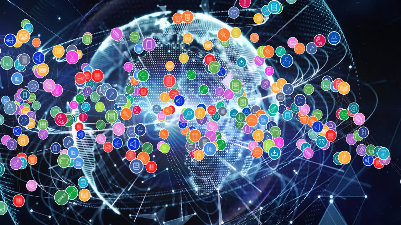 전 세계를 배경으로 디지털 아이콘으로 연결하는 네트워크의 애니메이션