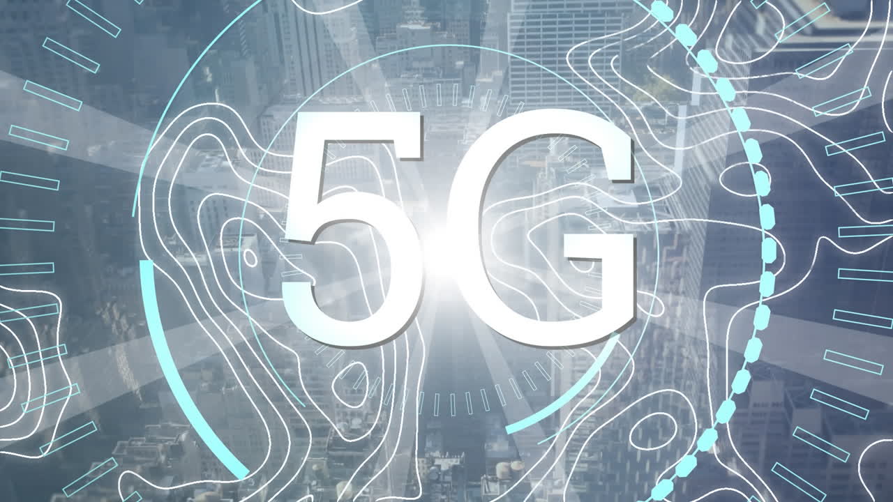 animazione della rete di connessioni e scansione dell'ambito con testo 5g su sfondo blu