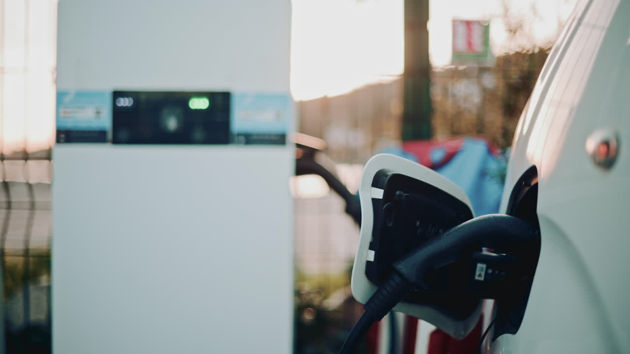 Elektrikli aracın takılı olduğu şarj istasyonu ekranı ve araç önü; far hafifçe bulanık