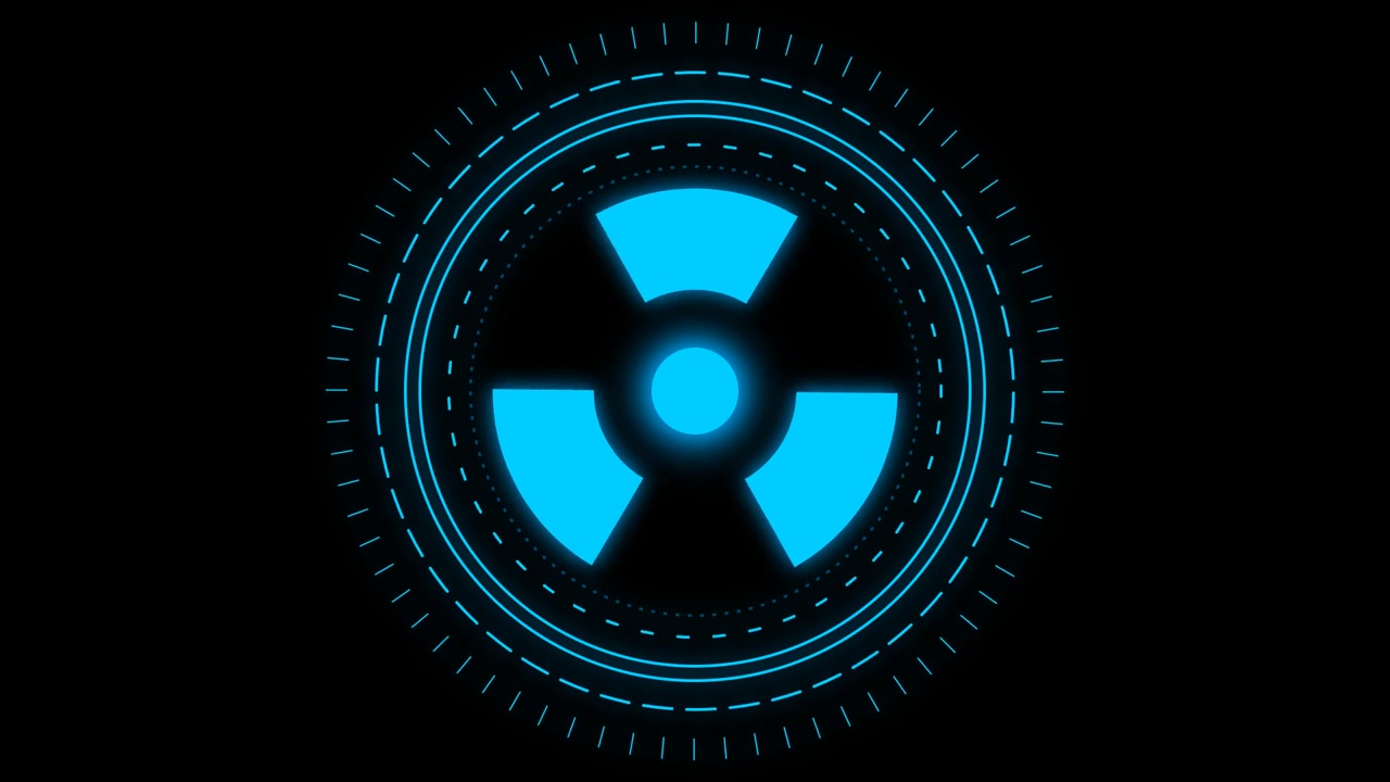 디지털 HUD 인터페이스와 함께 회전하는 빛나는 푸른 방사능 심볼