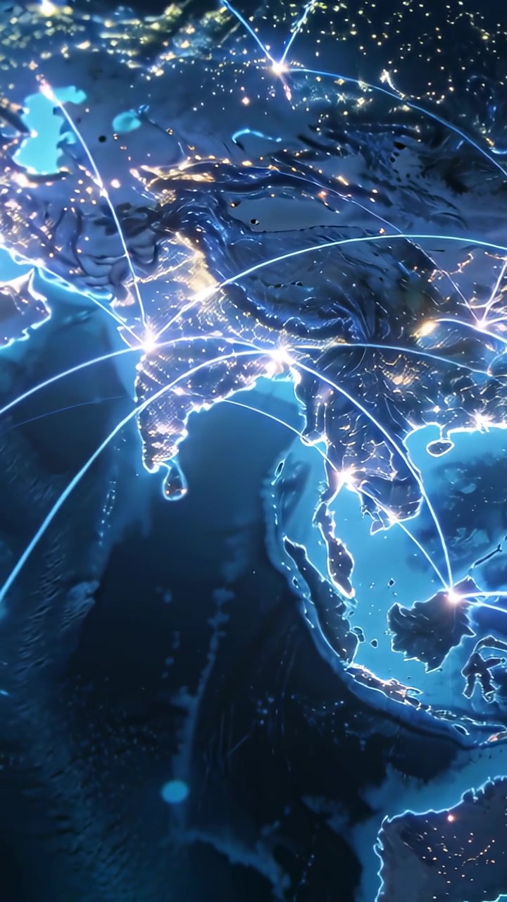 Vertical video: On play, panning camera over globe, revealing glowing nodes and arcs across Asia