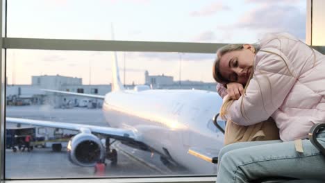 a solitary woman in an airport gazes out the window, transitioning between sleep and wakefulness while anticipating her journey