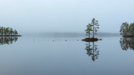 Fog-forming-and-passing-over-glassy-lake-surface-with-focus-on-trees-on-islet