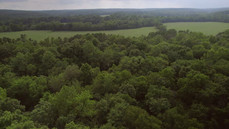 Pull back from hills and fields and over trees in southern Missouri
