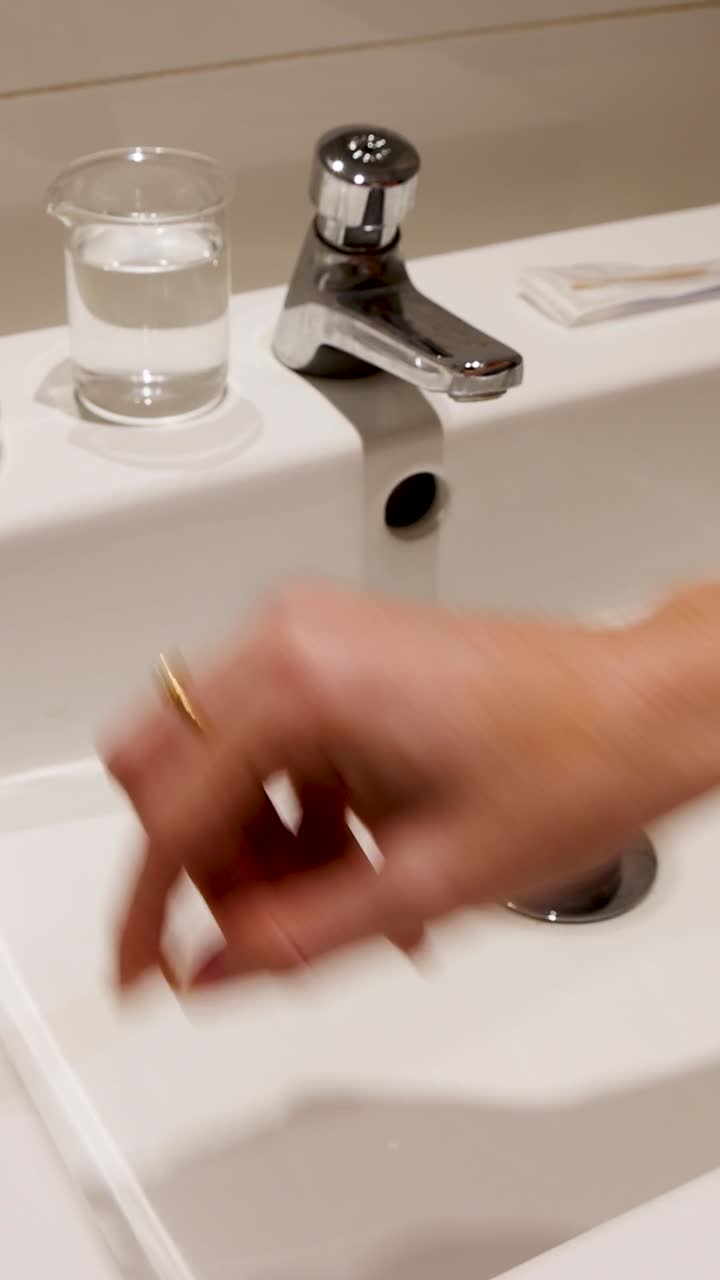 las manos realizan pruebas de bacterias utilizando una placa de petri y un hisopo en un ambiente de fregadero de baño con iluminación brillante