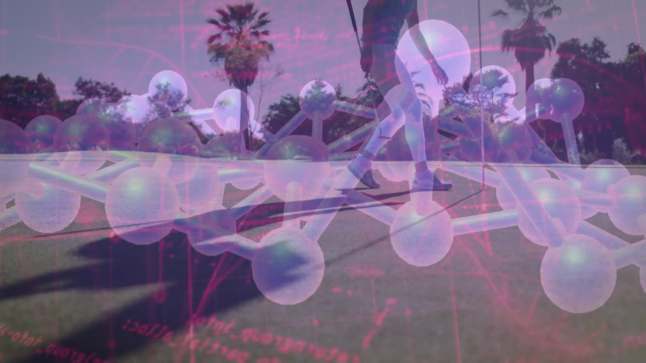 Woman putting golf ball on putting green showing molecular and code overlays using technology