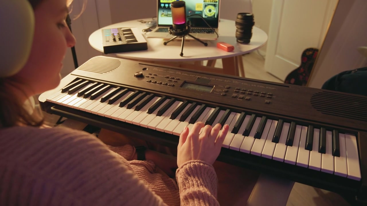 Person seated at electronic keyboard playing with both hands, fingers moving across keys in warm home living room with lamp, phone stand, mug, notebook and relaxed practice atmosphere