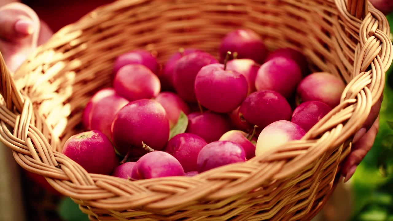 A bountiful basket filled with ripe, freshly harvested apples showcasing their vibrant colors and textures in natural lighting, perfect for autumn or seasonal festivities