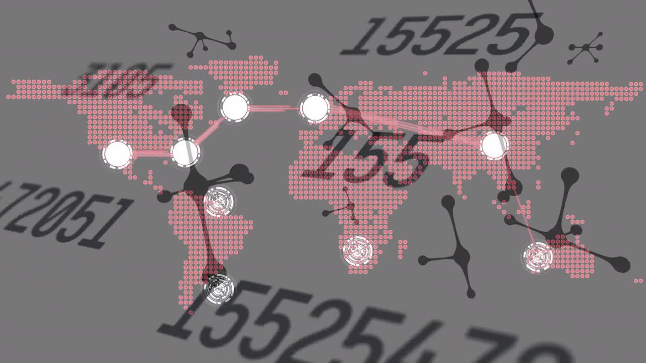 세계 지도를 가로지르는 연결 네트워크의 애니메이션