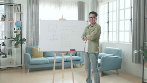 asian male teacher with glasses crossing arms and smiling to camera while teaching math at home
