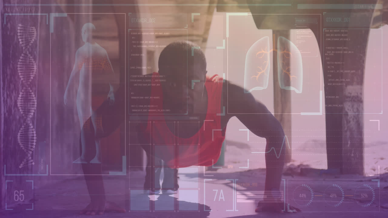 animación del procesamiento de datos médicos sobre un hombre afroamericano haciendo ejercicio en la playa