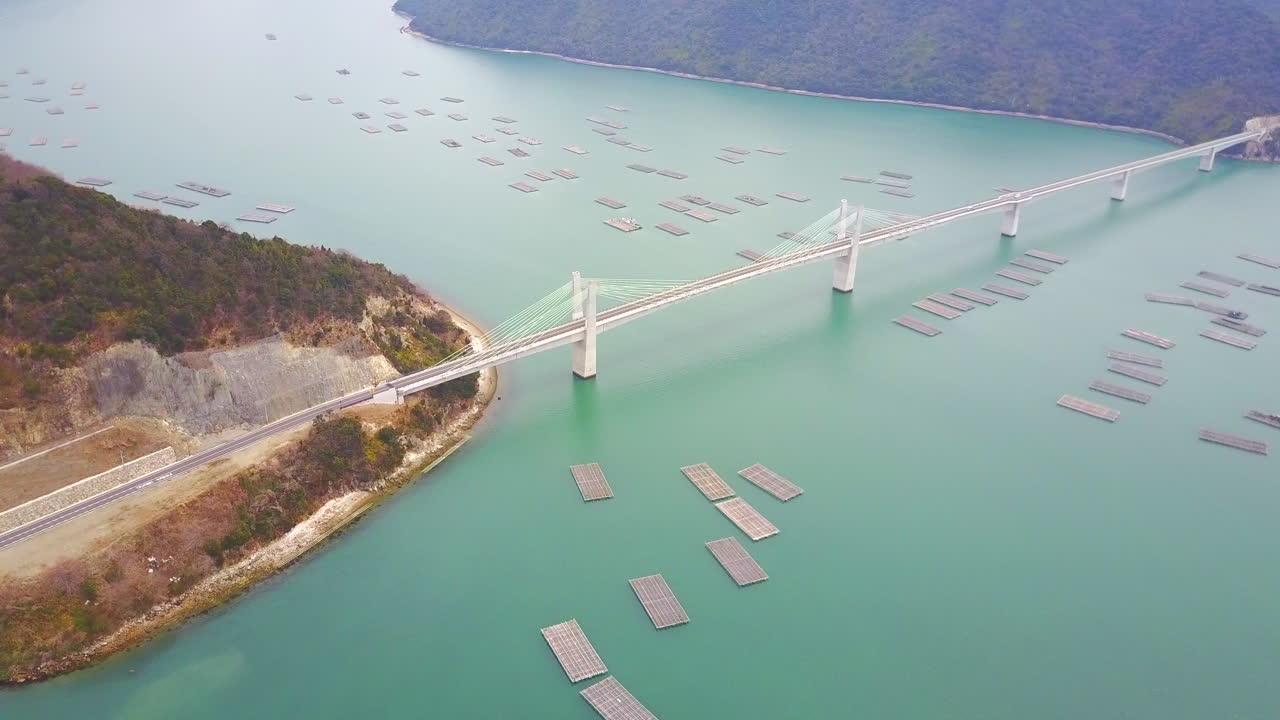 Aerial Shot of Bizen Hinase, Okayama, Japan.Fly in Bizen Nissei Ohashi Bridge
