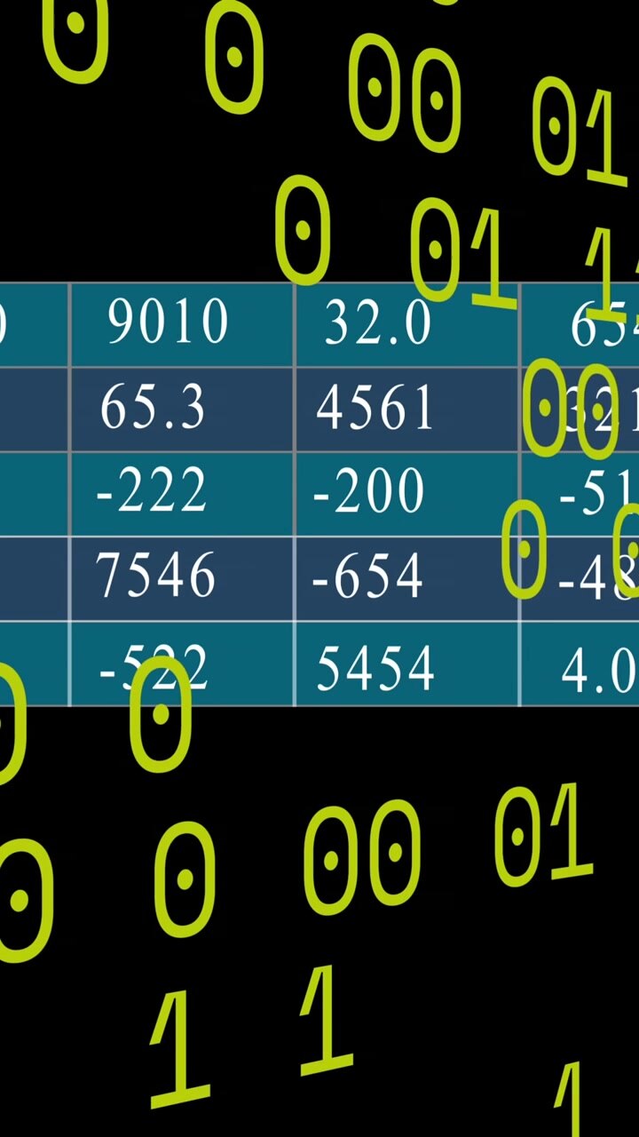 Animation of binary coding over statistical data processing against black background