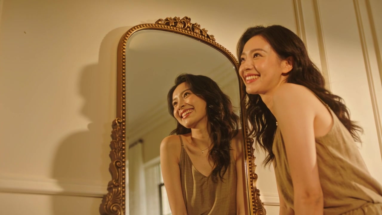 Donna asiatica appoggiata che controlla il suo riflesso, sorridendo a casa in un vestito beige, con uno specchio dorato e spazio per il testo.