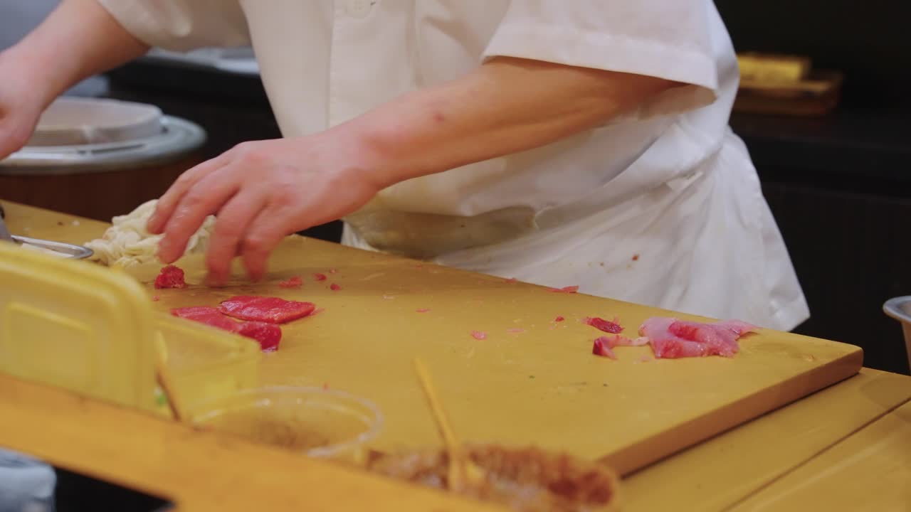Chutoro Maguro Tuna being Prepared by Sushi Chef For Omakase Course, Close Shot