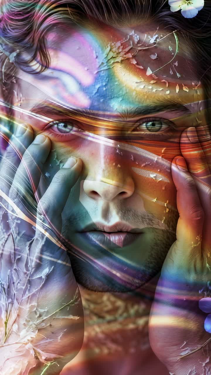 Video verticale: uomo a torso nudo che inquadra le guance in studio seguendo il bagliore di un arcobaleno con petali vorticosi