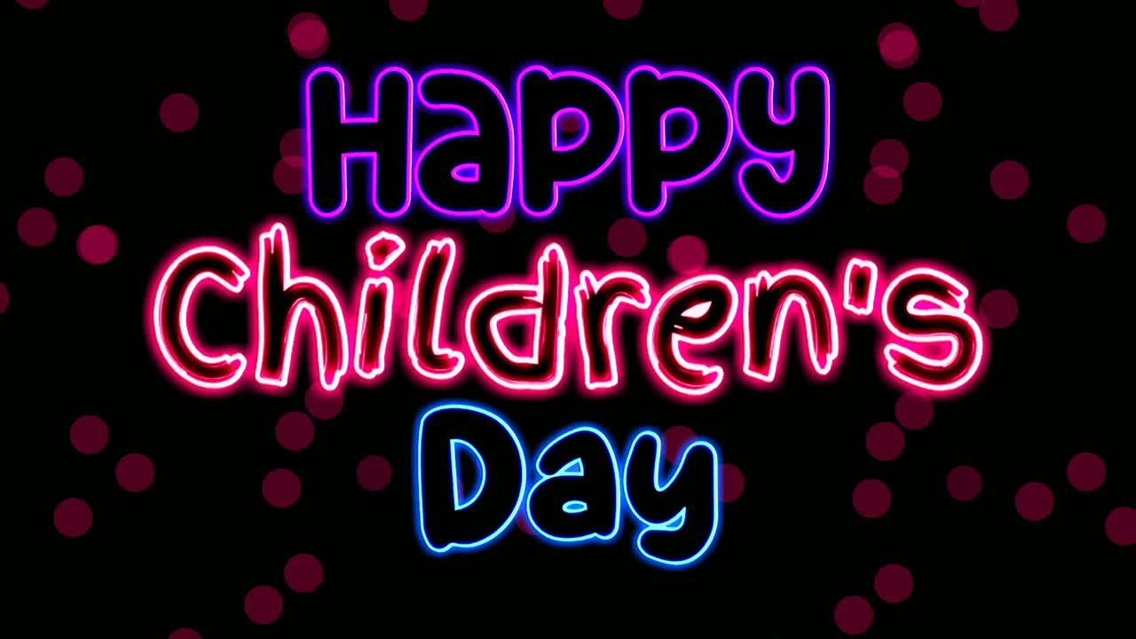 Happy children's day neon text animation motion graphics on black background.modern glowing and shining banner for holiday concept