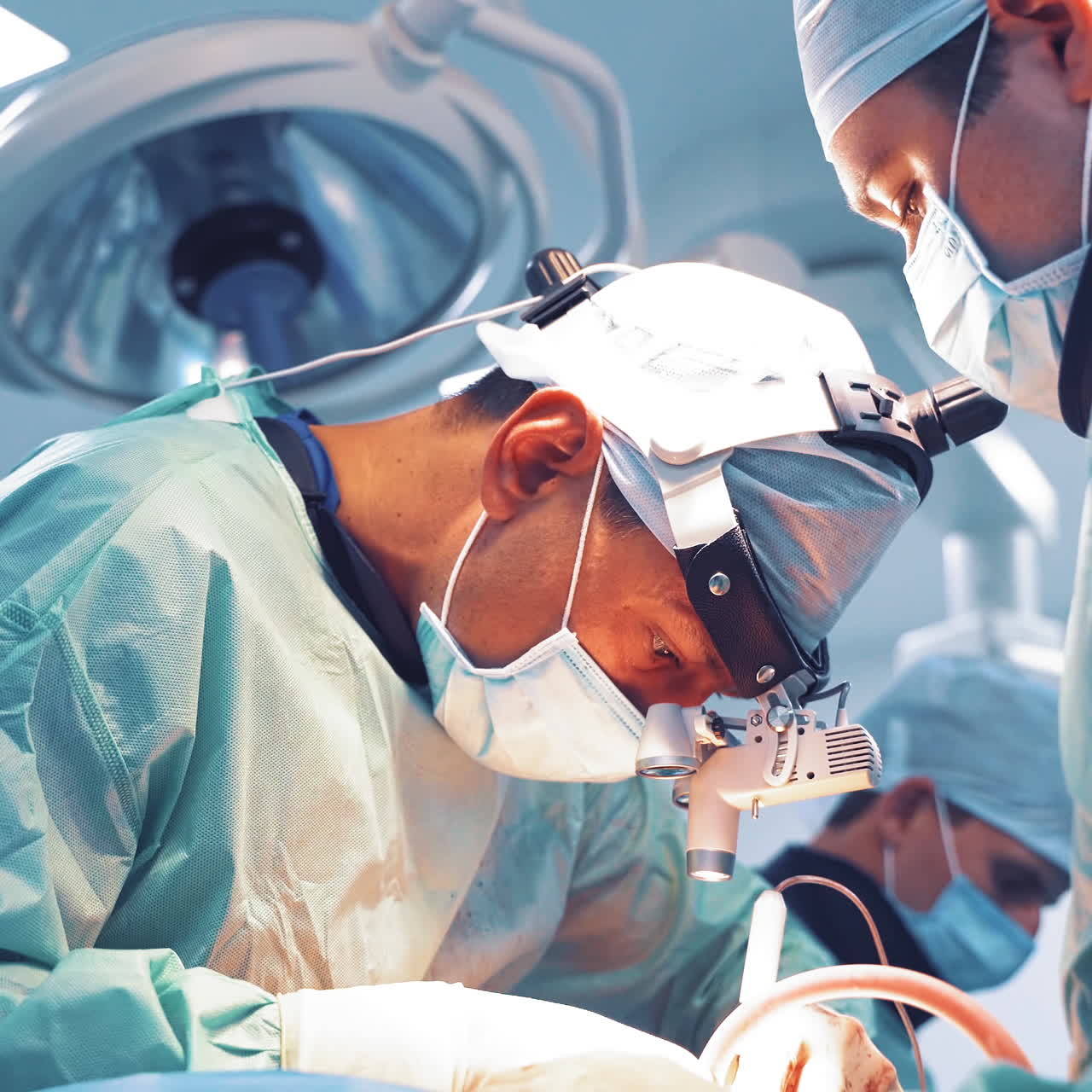 Three professional doctors in masks and medical uniform are doing an operation. Medical team performing an operation in a surgery room of clinic. Doctor's concept.
