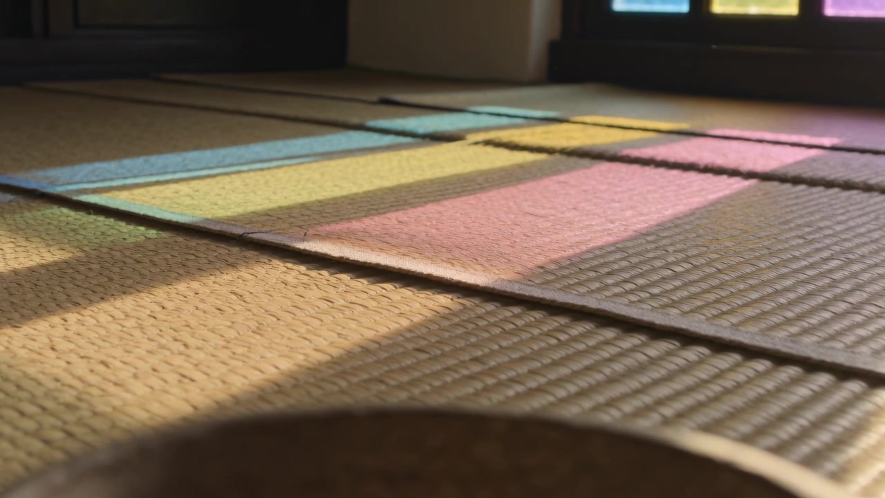 Casting panes' colored light moving across tatami, camera focusing to reveal texture, blurred bowl