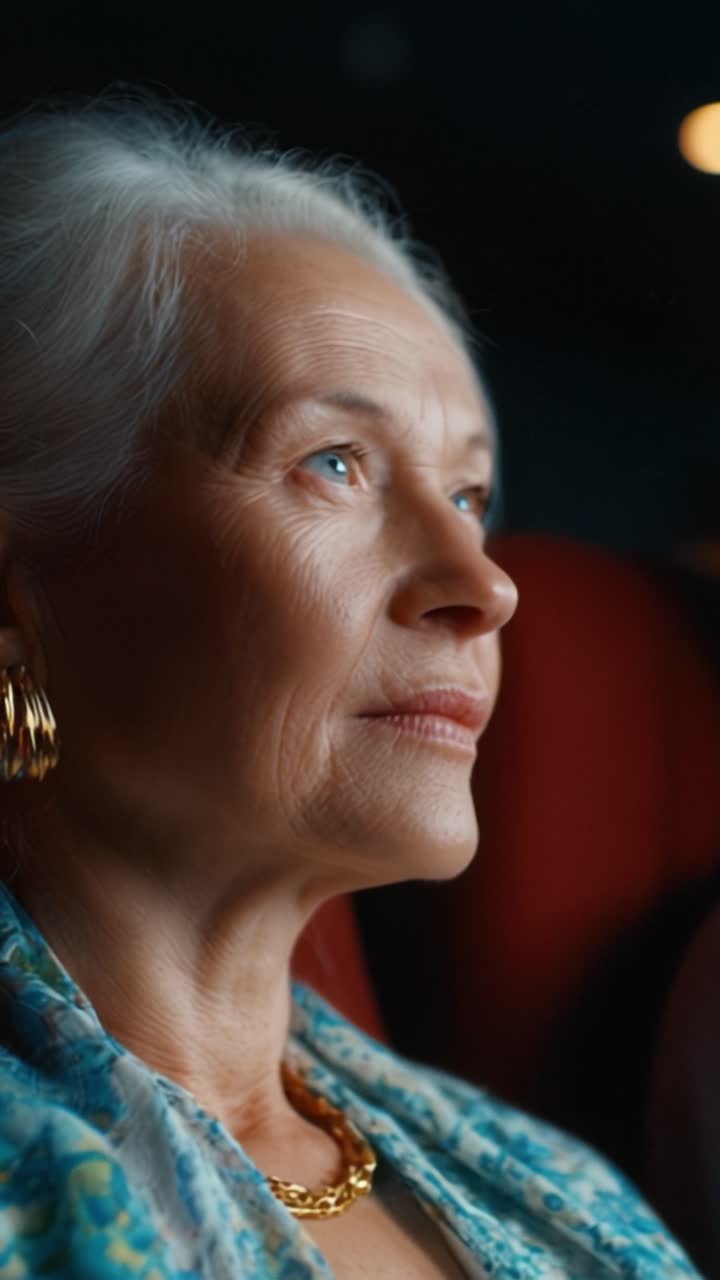 Uma mulher idosa contemplativa reflete profundamente sobre a vida enquanto sentada em um teatro mal iluminado, exibindo sua expressão serena e comportamento pensativo.