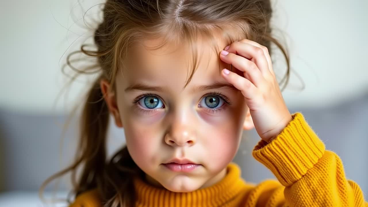 카메라를 바라보는 파란 눈의 작은 소녀