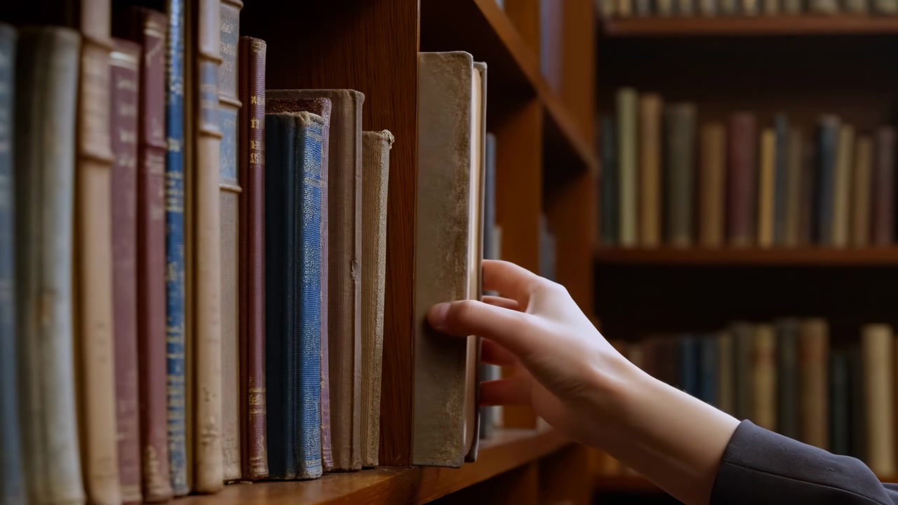Primo piano di una mano che si protende verso i libri su uno scaffale di legno in una biblioteca silenziosa. Una luce calda e soffusa e file di libri sfocate creano un'atmosfera accademica di consultazione e scelta.
