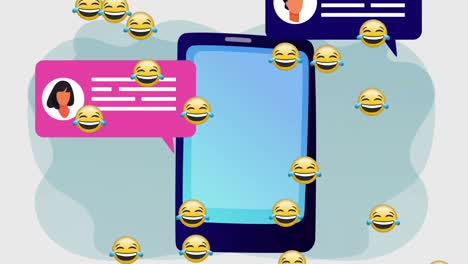 Cara-Emojis-Flotante-E-Interfaz-Digital-Contra-El-Teléfono-Inteligente-Contra-El-Fondo-Gris