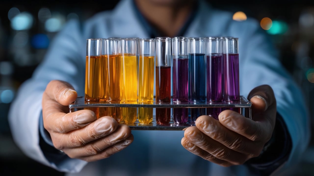 Scientist Holding Test Tubes with Colorful Liquids Showcasing Chemical Reactions and Mixtures in a Laboratory Setting Under Bright Lighting Conditions