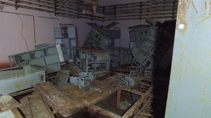 Interior de sala de controle abandonada com armários elétricos e equipamentos quebrados na zona de exclusão de Chernobyl, Ucrânia. Plano panorâmico