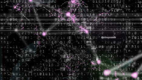 Animation of qr code data processing and network of connections over dark background