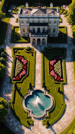 aerial view of a grand estate with formal gardens and fountain