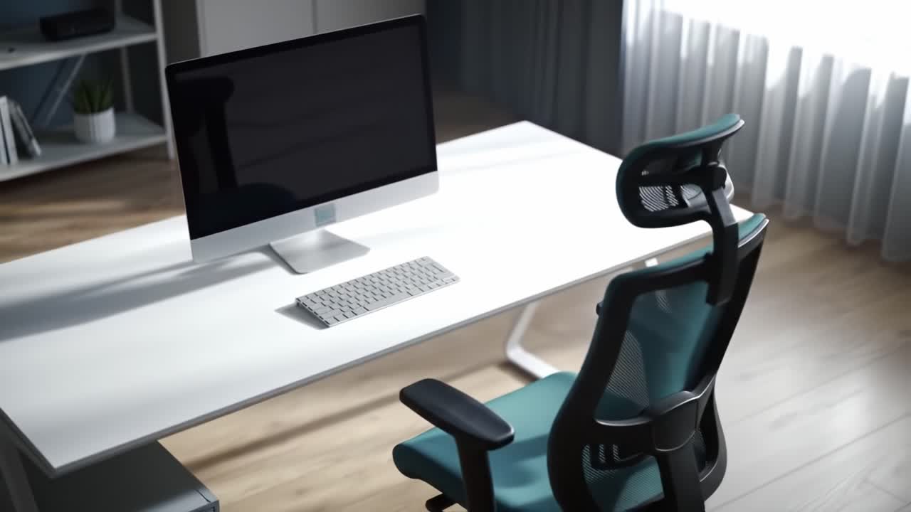 Modern Workspace Overview Featuring a Sleek Computer Setup with Keyboard and Ergonomic Chair in a Bright and Minimalistic Environment