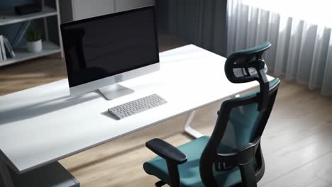 modern workspace overview featuring a sleek computer setup with keyboard and ergonomic chair in a bright and minimalistic environment
