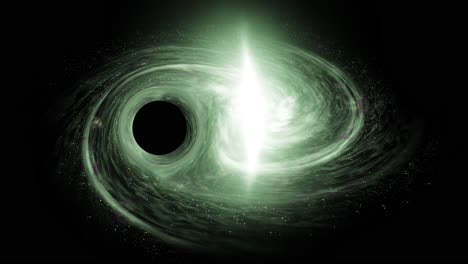 a super massive black hole passing by a giant green galaxy bending time and space