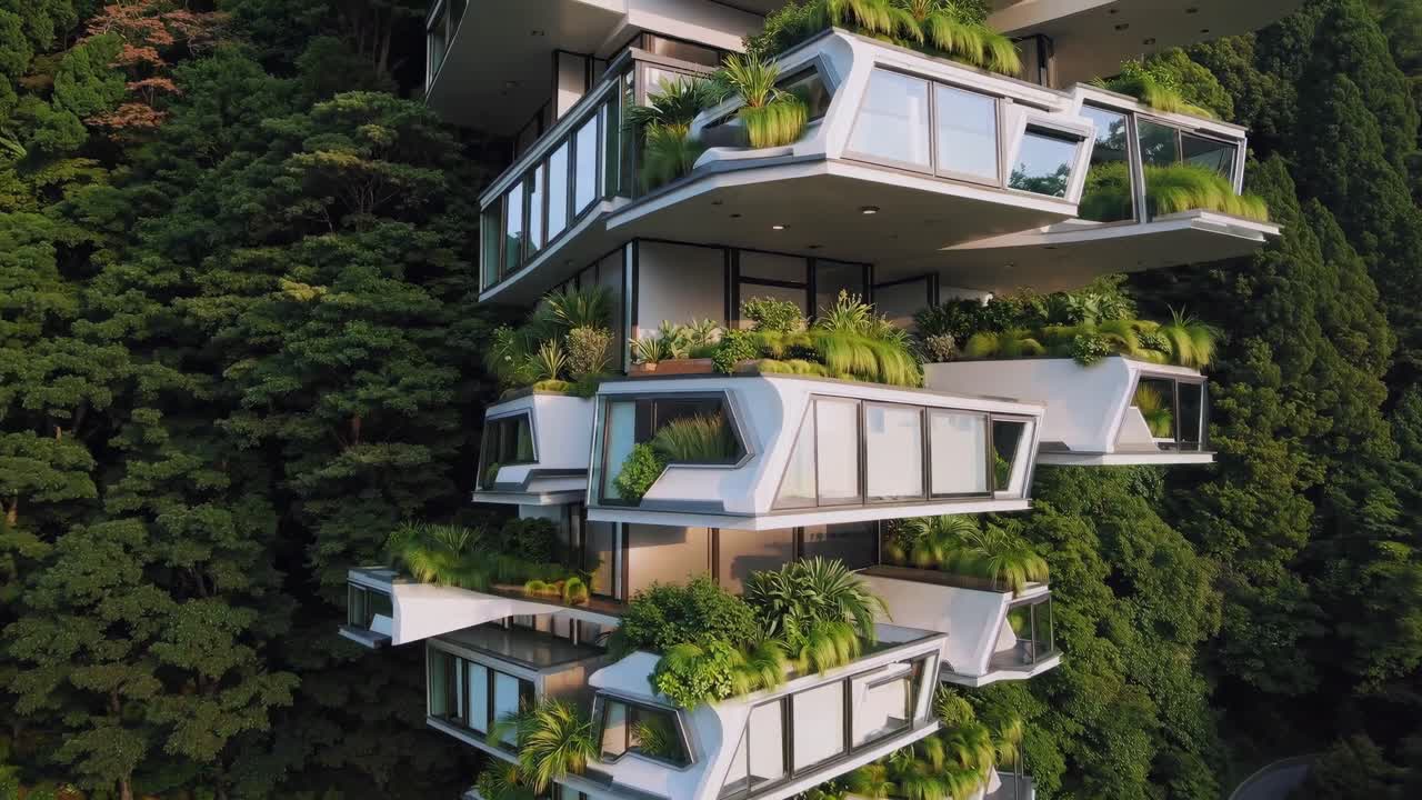 Modern architectural structure with lush greenery cascading from balconies, showcasing innovative design and harmonious integration with nature in a vibrant setting