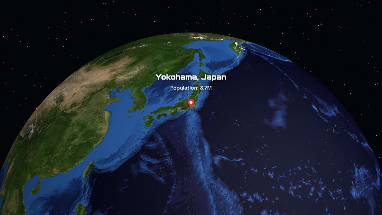 A digital animation zooms from space into Japan, highlighting Yokohama with specific population statistics