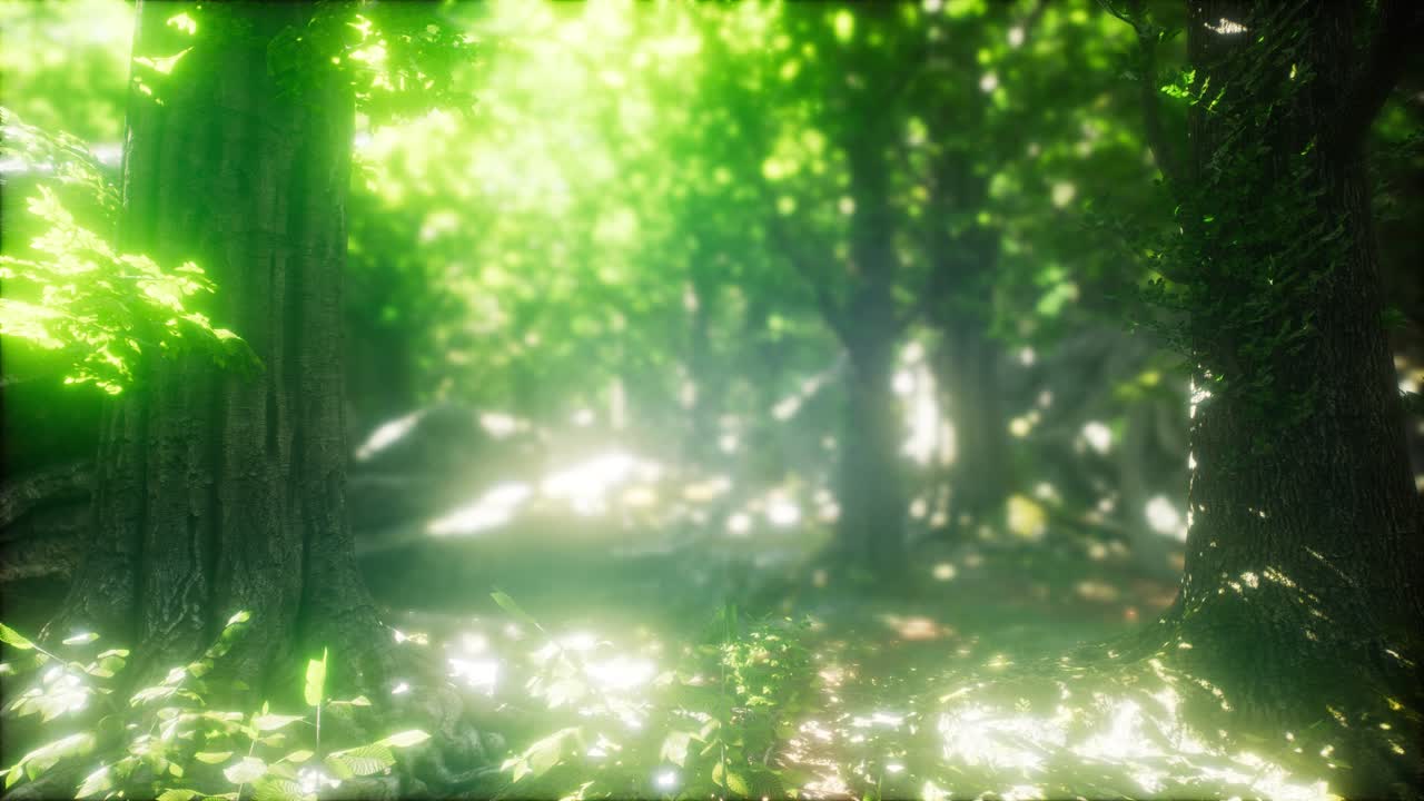 태양 광선과 함께 안개 봄 숲에서 아침