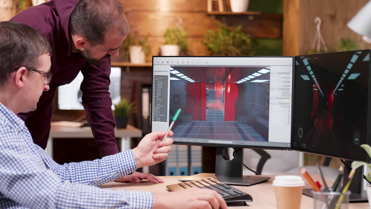 Game developers working on a 3D game in the office