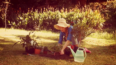happy pretty gardener planting flower