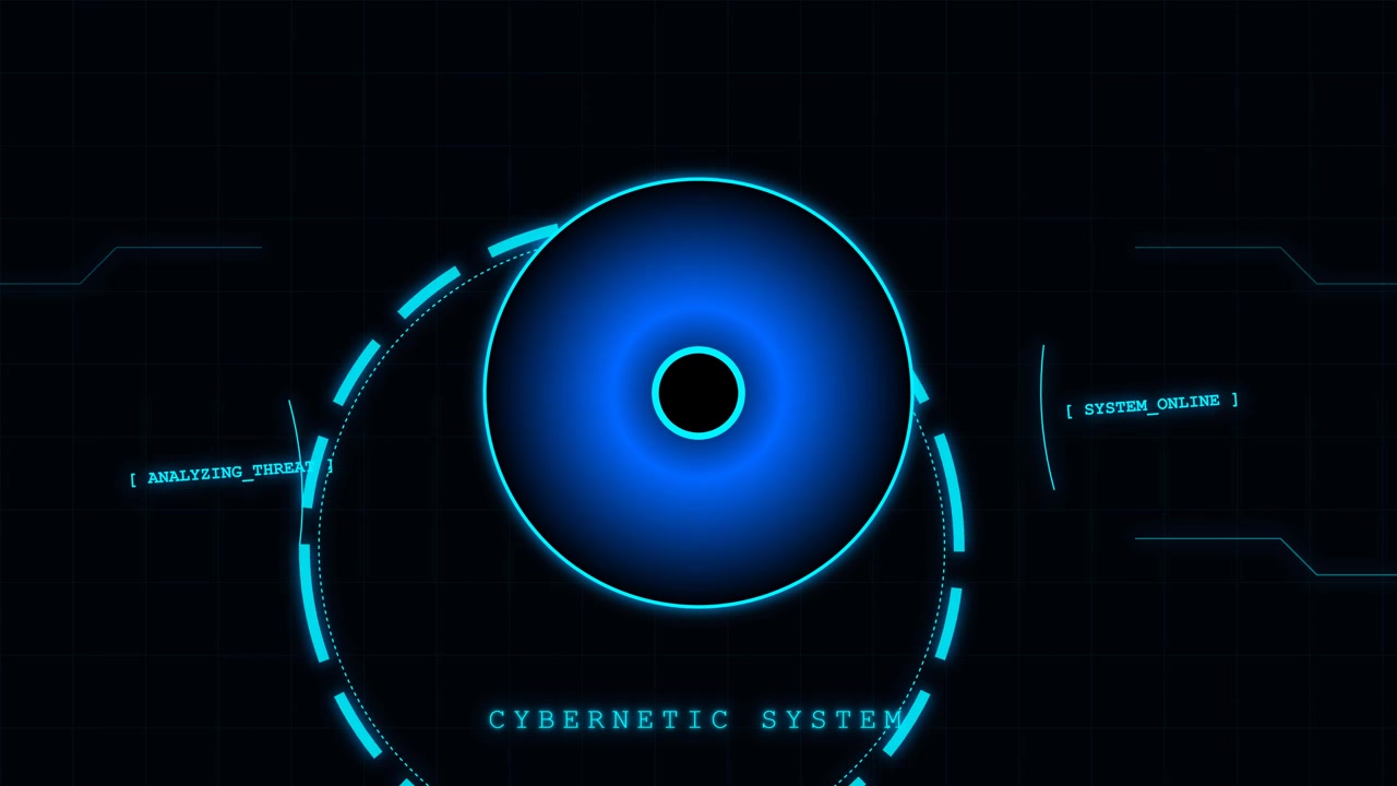Futuristic Cybernetic System Interface with Glowing Blue HUD Elements