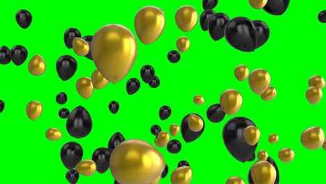 Animation-Von-Schwarzen-Und-Goldenen-Luftballons,-Die-Vor-Grünem-Hintergrund-Fliegen