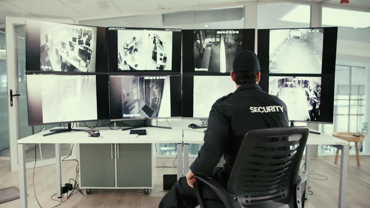 guardia de seguridad monitoreando cámaras de seguridad en la sala de control