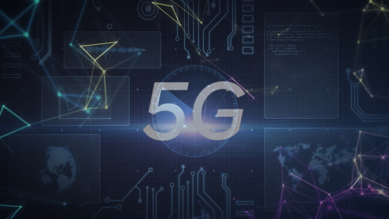 animazione di testo 5g su scansioni e elaborazione dei dati con globo e mappa del mondo sugli schermi