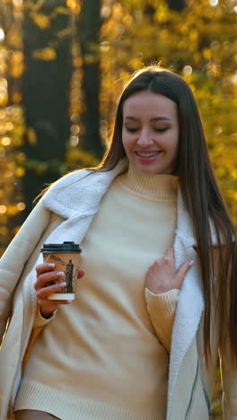 dreamy brunette woman in white jacket walks carefully looking down. smiling lady having a walk by the autumn park with a cup of coffee.
