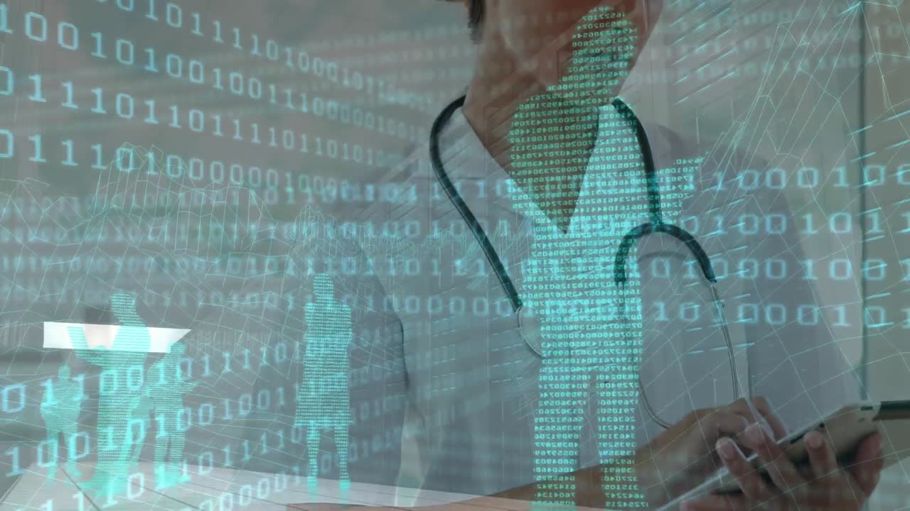 animación de una doctora caucásica que usa una tableta para procesar datos