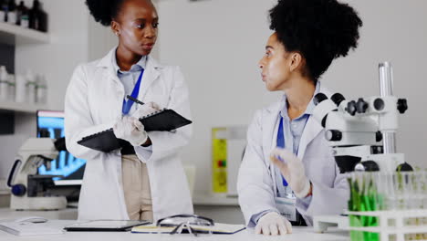 scientist, teamwork and lab assistant writing