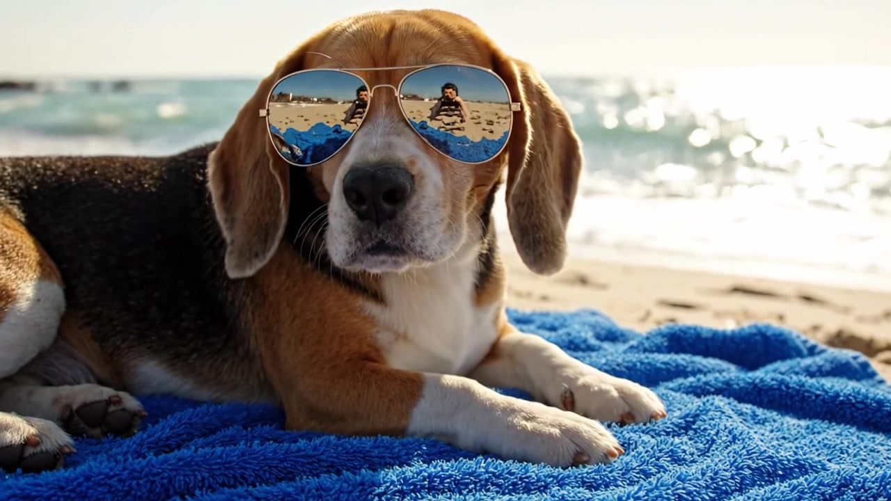 Un beagle rilassato si gode una giornata di sole in spiaggia indossando con stile occhiali da sole alla moda, catturando l'essenza dell'estate e del tempo libero sulla costa sabbiosa